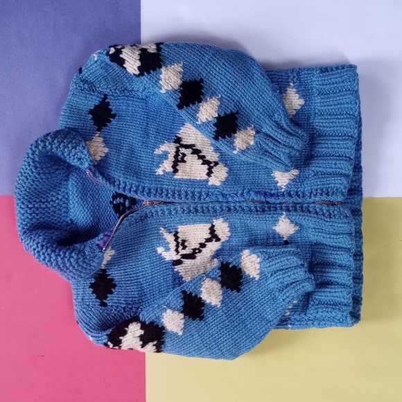 Vintage Handmade Horses Pattern Zip Up Sweater Jacket